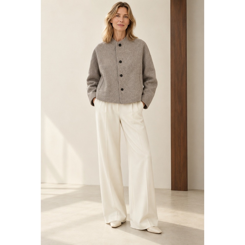 Lagenlook Wool Blend Boxy Jacket M Asymmetric Collar Greige Massimo Dutti